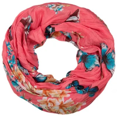 Produktbild von styleBREAKER Damen Loop Schlauchschal mit buntem Schmetterling und Blumen Print , Crash and Crinkle Schal, Tuch 01016013