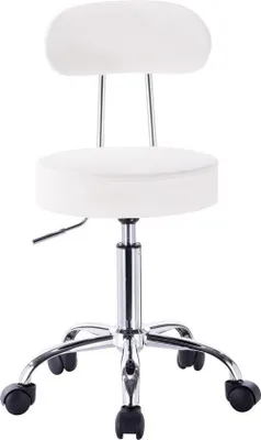 Zdjęcie produktu dla Taboret roboczy z oparciem - ergonomiczny i regulowany - z kółkami - stylowy i wygodny - wytrzymała skóra - biały