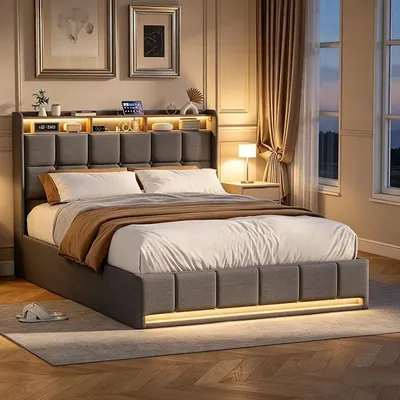 Imagen del producto de Cama tapizada de 140x190 con espacio de almacenamiento, cama con sistema hidráulico y cajón, puertos de carga USB y Type-C, cabecero con superficie de apoyo, iluminación LED RGB, tapizada en lino, cama doble con somier, color gris