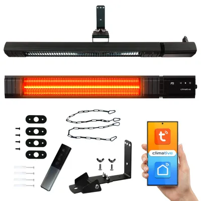 Produktbild von Climative RAY Infrarot Heizstrahler 2500W WiFi, Carbon, 9 Stufen, IP65, Fernbedienung, 24h Timer, Montageketten, Terrassenheizer Outdoor