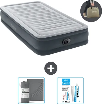 An inflatable mattress with accessories, presented as a product bundle.