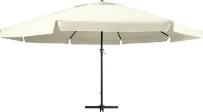 A cream-colored patio umbrella with a black pole and base, shown against a white background.