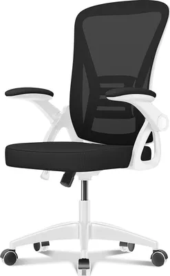 Obrázek produktu pro Kancelářská židle - Ergonomický sedák - Křeslo s 90° sklopnou područkou - Bederní opěrka - Výškově nastavitelná - černá a bílá