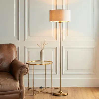 Produktbild von Stehlampe 150cm Leinenschirm Natur Vintage-Kupfer Stehleuchte Standlampe