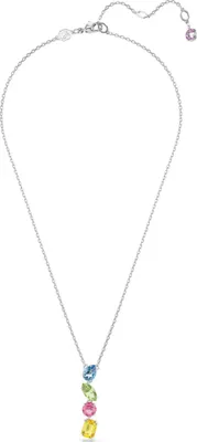 A silver necklace with four colorful gemstones hanging vertically.