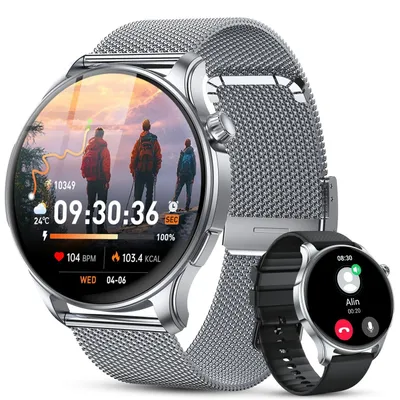 Produktbild von Smartwatch Herren Damen mit Telefonfunktion Bluetooth Anruf Armbanduhr uhr Wasserdicht Smart Watch mit Herzfrequenz Schlafmonitor Sportuhr Uhren Silber