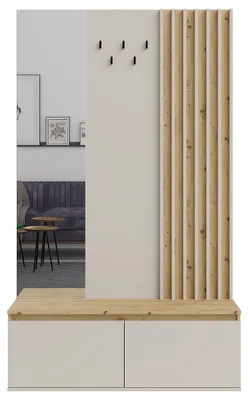Produktbild von Garderobe mit Bank und Paneel 120 cm breit in Eiche mit Beige, Lamellen - DAVIS-166