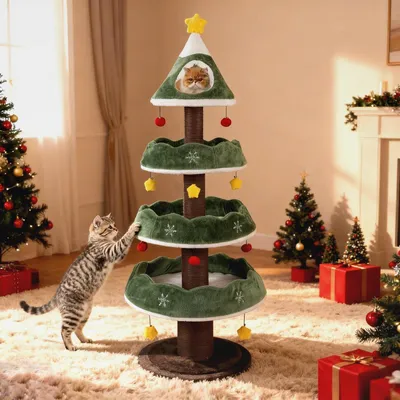 Produktbild von Kratzbaum Weihnachten, 179 cm großer Katzenbaum mit Höhle, 3 Plattformen, Kratzsäule, 18 cm dickem Stamm, Hängebällen, Katzenkratzbaum Weihnachtsbaum, mehrstöckiger Kletterbaum für Katzen