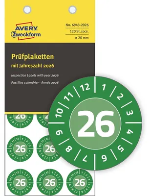 Zdjęcie produktu dla AVERY Zweckform 6943-2026 Naklejki inspekcyjne AVERY Zweckform, 2026, winylowe, zielone, 20 mm
