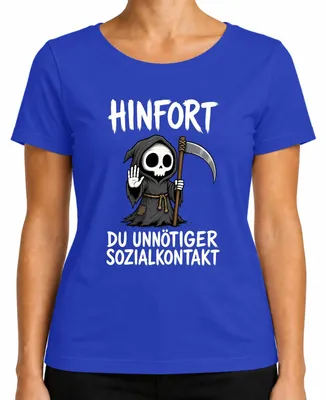 Immagine prodotto di Maglietta da donna, blu, taglia M, con la scritta: "Hinfort: Contatto sociale inutile, Mietitore, Dichiarazione, Sarcasmo"