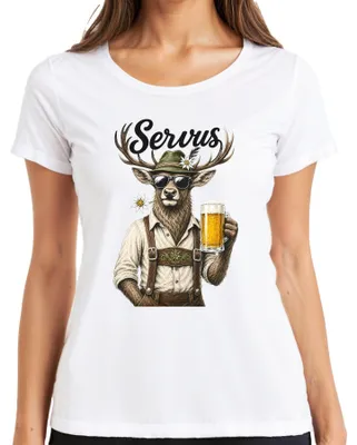Imagen del producto de Camiseta para mujer, diseño "Servus Hirsch Bayern", con motivos de cuero, cerveza, , "Dirndl" y "Wiesn", color blanco, talla L
