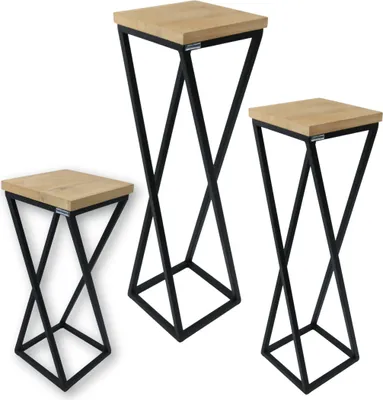 Produktbild von holz4home® Dekoständer-Set 3-tlg. in schwarz aus Massivholz Eiche I Hellgrau Geölt Gedrehte Streben I Höhen: 50/70/90 cm I Stahlgestell | Dekosäule