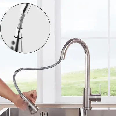 Produktbild von Küchenarmatur Edelstahlmaterial, Ausziehbar Wasserhahn, 360° Drehbar mit herunterziehbaren Sprühgeräten, 3 Modus Strahlarten, Küche Hochdruck Armatur
