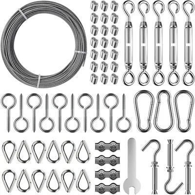 Productafbeelding van Glissimo Staalkabelset – 30m x 2mm Nylon Gecoate Staalkabel – Staaldraad - Compleet met RVS Haken, Schroefogen & Bevestigingen – Voor Tenttouw, Waslij