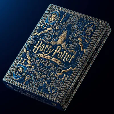 A close-up, angled view of a Harry Potter themed playing card box.