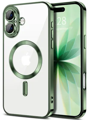 Image de Coque souple transparente pour iPhone 18, protection de l'appareil photo, compatible avec MagSafe, coque en TPU plaquée chromée, vert foncé