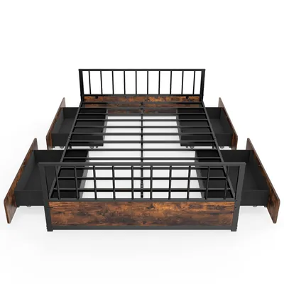 Produktbild von COSTWAY Bettgestell 140x200cm, Doppelbett mit Lattenrost, 2 Schubladen, Kopfteil & Fußteil, Bett Jugendbett, Metallbett kein Boxspring erforderlich