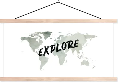 Produktbild von MuchoWow® Textilposter Weltkarte - Aquarellfarbe - Zitate 120x60 cm mit holzfarbenen Rahmen - Klemmleiste