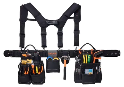 Produktbild von VEVOR Werkzeuggürtel, 19 Taschen Werkzeugtasche mit Trägern für Männer, Schwerlast verstellbarer Utility-Gürtel Arbeitstasche abnehmbares Aufhängesystem für Elektriker, Zimmerer, Bauarbeiter, Tailleneinstellung 80-131 cm, Professioneller Typ