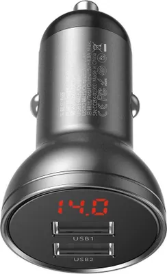 Obrázok produktu pre Nabíjačka do auta 2x USB-A s digitálnym displejom 4,8A 24W sivá - Baseus