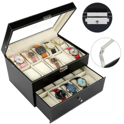 Produktbild von Uhrenbox, Uhrenkasten, 20-teilig, Uhrenorganizer, Schmuckschatulle aus Kunstleder mit Sammfutter, Schmuck