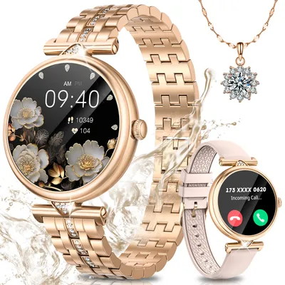 Produktbild von Smartwatch Damen, mit Zirkonia-Halskette, Armbanduhr mit SpO2 Pulsuhr Menstruationszyklus, Schlafmonitor Schrittzähler Kalorien Fitness Tracker, Gold