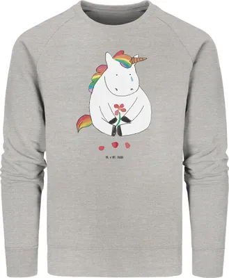 Produktbild von Mr. & Mrs. Panda Baumwoll Sweatshirt Einhorn Traurig Größe L - Heather Grey - Geschenk, Liebe, Unicorn, Einhörner, Trauer, Bio Pullover, Rundhals, Pulli, Sweater, Freunde