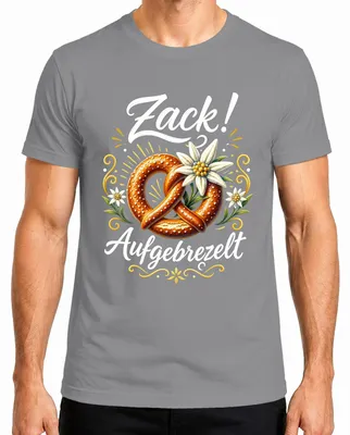 Produktbild von Zackig Aufgebrezelt Brezel Edelweiß Alpen Trachtenshirt Lederhose Herren T-Shirt, Grau, M