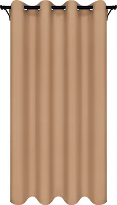 A single, closed curtain hanging from a curtain rod.