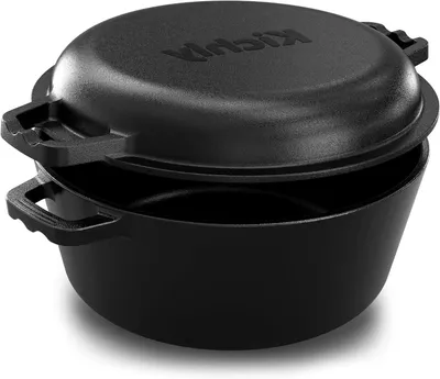 Immagine prodotto di Pentola olandese in ghisa - Pentola da forno/griglia - Adatta per cucinare sia all'interno che all'esterno - Coperchio multifunzione - 5 litri - Nera