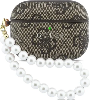 A brown and beige Guess branded AirPods Pro case with a pearl strap.