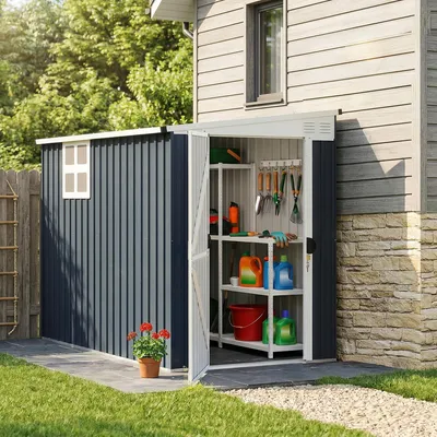 Image de Abri de jardin métallique verrouillable, abri de jardin en acier, toit en appentis, gris foncé | 231 x 128 x 181 cm | 25 kg | Résistant aux UV et à la rouille