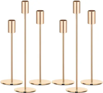 Productafbeelding van Set van 6 gouden kaarsenhouders, twee paar van elke maat, metalen kaarstaps voor 3/4 inch pijlerkaarsdecoraties, schoorsteenmantels, bruiloften