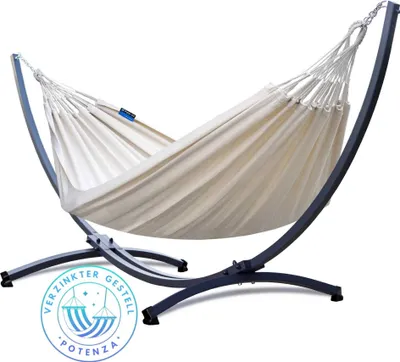 Produktbild von Potenza Outdoor Medelin Hängematte mit Gestell für 2 Personen I 100% Baumwolle Doppelhängematte 220x140, 160kg I Hängemattengestell 220kg, wetterfest
