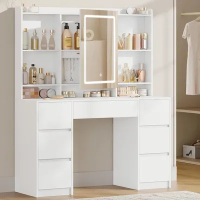 Image de Table de maquillage avec éclairage LED, 7 tiroirs, 4 étagères, espace de rangement derrière le miroir, couleur blanche