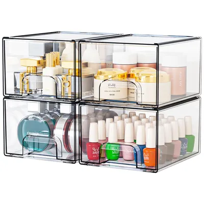Produktbild von 4-teiliges Badezimmer-Aufbewahrungsset, stapelbare Acrylboxen mit Schubladen, langlebig, ideal für Schlafzimmer, Waschbecken, Schreibtisch und Bad