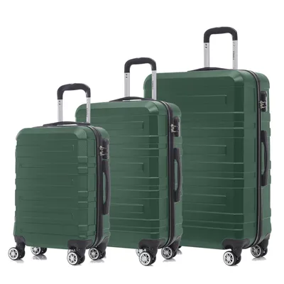 Produktbild von Suitcase Set, Rollkoffer Handgepäck, Kofferset, mit 4 Rollen 360°, Hartschalenreise Zahlenschloss, Weicher Gummigriff (3er Set, M,L&XL, Dunkelgrün)