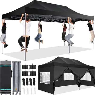 Produktbild von Pavillon, Pop-Up-Überdachung mit Seitenwand, wasserdichtes Design, höhenverstellbar, langlebiger Rahmen, Schwarz