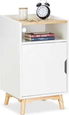 Produktbild von Relaxdays Nachttisch mit Tür, 4 Kiefernholzbeine, skandinavisches Design, offenes Fach, Betttisch 74 x 43 x 40 cm, weiß