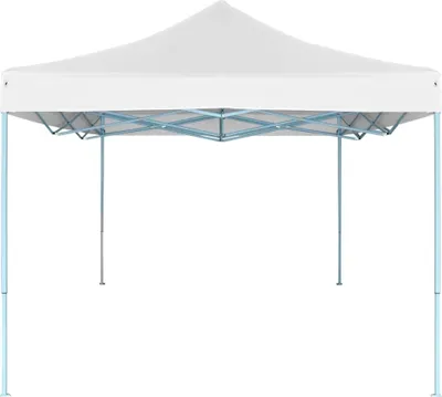 A white party tent with a light blue frame, shown from the front on a white background.