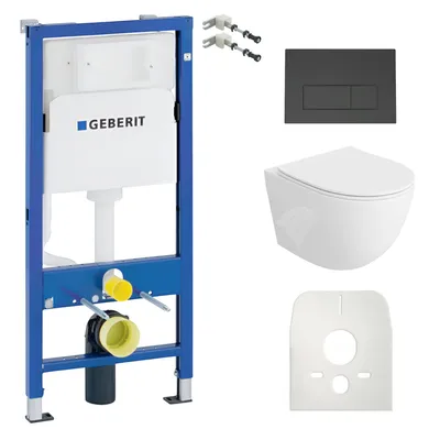 Produktbild von DOMINO Geberit Duofix Basic Vorwandelement + Wand-WC Tiefspül Sinto Becken Weiß Spülrandlos + Bedienplatte Delta 25 für Doppelspülung  |  Komplett Set