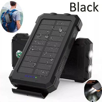Produktbild von Solar Powerbank 10000mAh, wasserdicht, 2 USB Ports, LED Anzeige & Taschenlampe, tragbar, ideal für Outdoor, Reisen & Notfälle