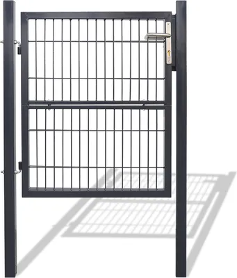 A dark gray metal garden gate with a silver handle, standing upright on a white background with its shadow cast on the ground.