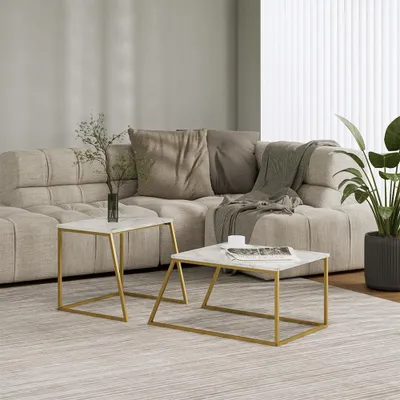 Immagine prodotto di Tavolino da divano Vicco Myra Marmo Bianco/Oro 60 x 50 cm 2 parti, Model 56365