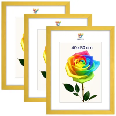 Obrázek produktu pro MG Design, sada 3 kusů rámečků na obrázky, rozměr 40 x 50 cm – rámečky na plakáty se žlutým rámem z masivního dřeva a odolným akrylovým sklem, vhodné pro vertikální i horizontální formáty, s robustním systémem pro zavěšení na zeď
