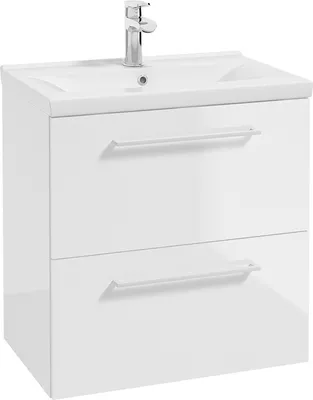 Produktbild von Einzel-Waschtisch in weiß Hochglanz lackiert mit Metallgriffen in weiß, 2 Schubladen und Keramikwaschbecken MESSINA-107, B/H/T ca. 62/65/41 cm