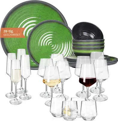 Immagine prodotto di Set di stoviglie da campeggio in melamina 4 persone Stone Green + 16 bicchieri Milano Bicchieri da acqua Bicchieri da vino Bicchieri da champagne Flûtes Stoviglie Picnic BBQ Cookware