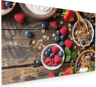 Produktbild von Küchenrückwand Spritzschutz Glas mit Motiv Frühstück Müsli 40 x 40 cm