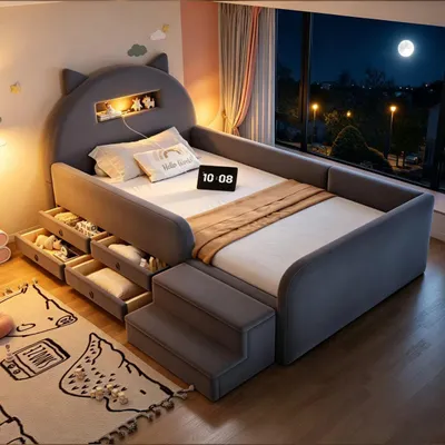 Obrázek produktu pro Dětská postel MODFU 90x200 cm s opěrky hlavy, postel pro mládež s LED osvětlením, 4 zásuvkami a stupňovitou lavicí, čalouněná ráma postele z veluru, bez matrace, tmavě šedá