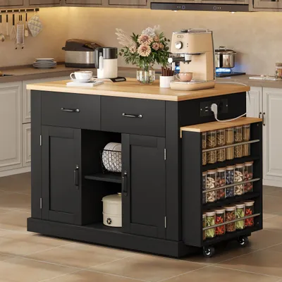 Produktbild von Merax Kücheninsel mit ausziehbarem Esstisch und  360° feststellbaren Rollen,Sideboard mit verstellbare Regale,Servierwage 2 Türen,2 Schubladen,Schwarz